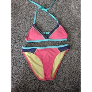 Hobie Girls Pink Turquoise Colorblock Triangle Bikini Swimsuit Set Size 12